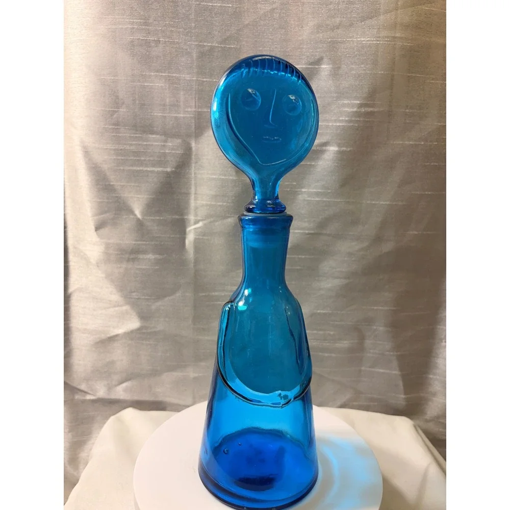 Vintage Erik Höglund Boda Blue Glass People Decanters Face Stoppers Pair MCM